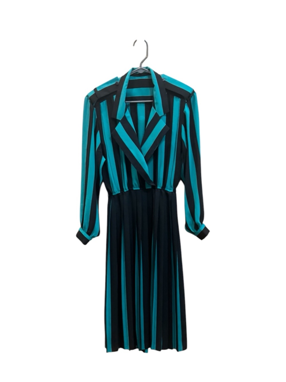 Vintage 1980s long-sleeve midi dress in bold vertical striped pattern